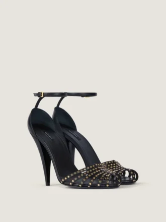 Cage Heeled Sandals in Leather with Studs