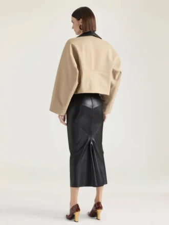 Cropped Peacoat with Leather Collar in Cotton and Wool