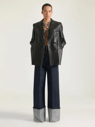 Double-Breasted Slashed Jacket in Leather