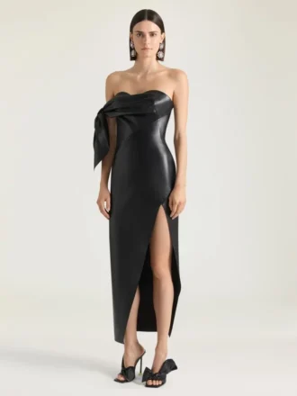 Long Bustier Dress in Nappa Leather with Bow