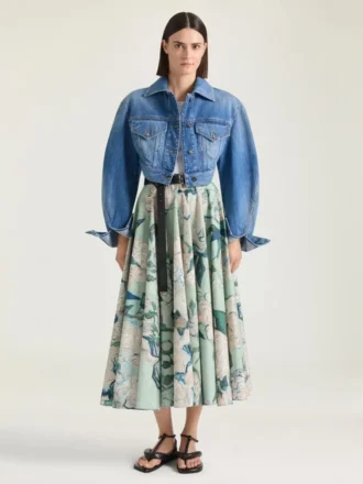 Long Circular Skirt in Poplin with Roses Print