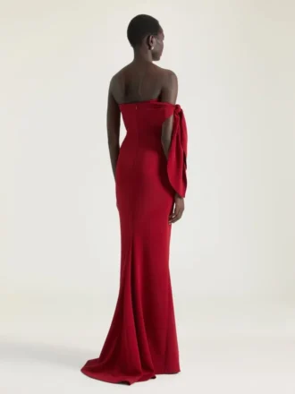 Long Evening Bustier Dress in Crepe with Bow and Sequins