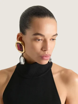 Sculptural Crystal Clip Earrings in Metal and Crystals