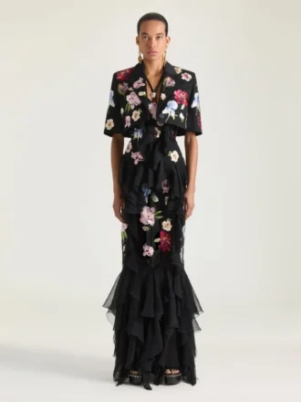 Ruffled Dress in Silk Chiffon with Embroideries