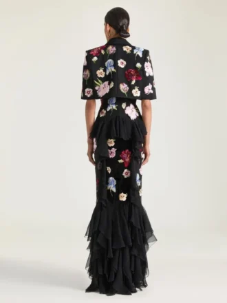 Ruffled Dress in Silk Chiffon with Embroideries