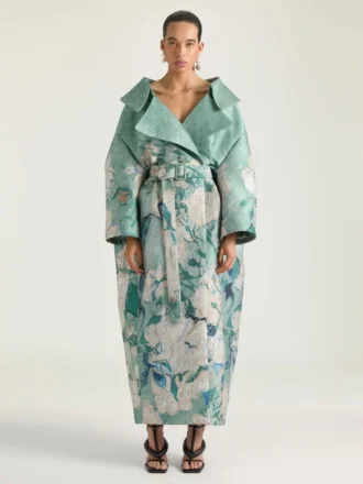 Slashed Long Coat in Roses Jacquard