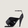 Sliced Square Heeled Sandals in Satin with Strass