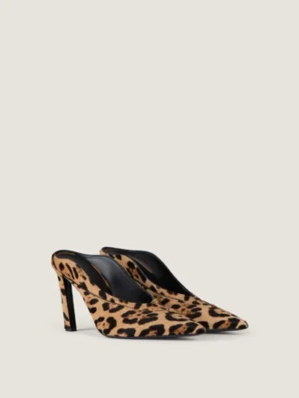 Spiky Heeled Mules in Pony Effect Leather with Leopard Pattern