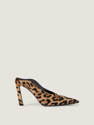 Spiky Heeled Mules in Pony Effect Leather with Leopard Pattern